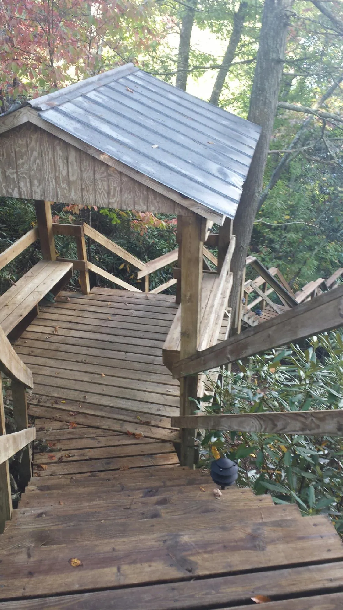 Metal roofed shelter over wooden steps on a wooded walkway — Skylight Repair & Installation work by our crew in Bairdford